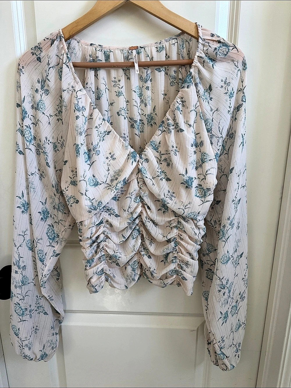 Free People Smocked In Love Long Sleeve Top Floral Blouse Pink & Blue Medium